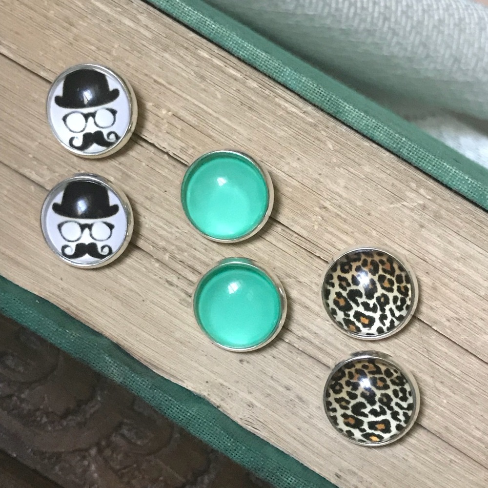 3 Pairs Glass Stud Earrings Leopard Punk 14mm